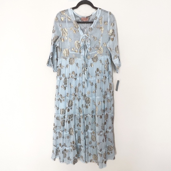 NWT | Sunny Studio French Designer Cotton Tiered Maxi Summer Dress Sky Blue Gold - Picture 13 of 14